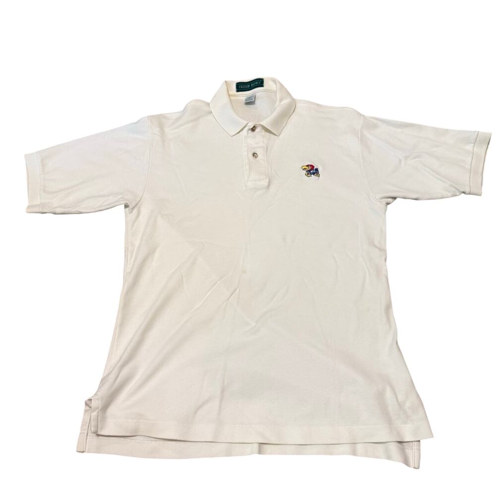 VTG KU Kansas University Jayhawks Mens Size M White Polo Shirt Outer Banks USA